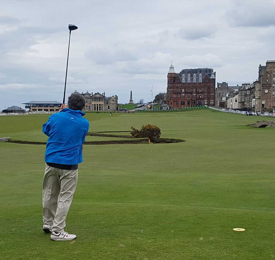 Dave Facey tees off the last at the Old Course and on route to a share of second