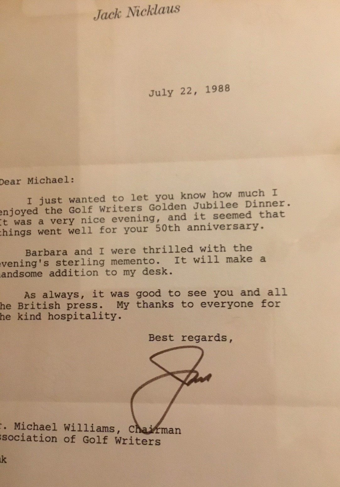 Letter from Jacki Nicklaus thanking the AGW Chairman Michael Williams for the gift of an nk well to celebrate the AGWs 50th anniversary in 1988.