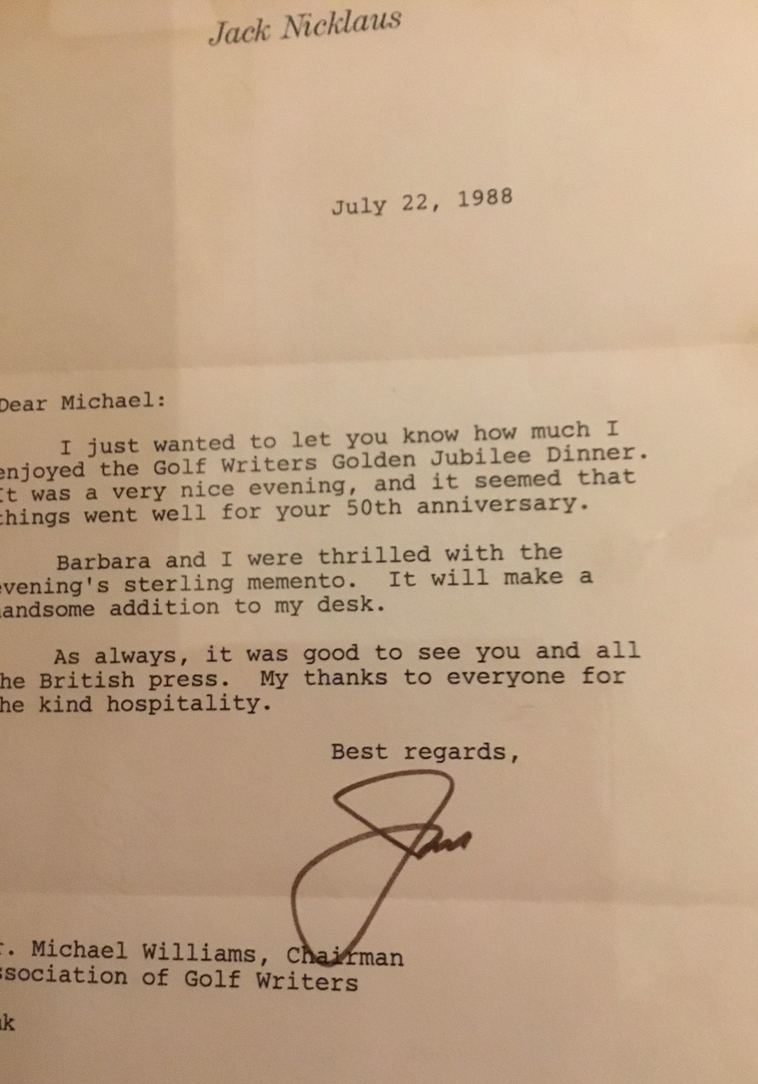 Letter from Jacki Nicklaus thanking the AGW Chairman Michael Williams for the gift of an nk well to celebrate the AGWs 50th anniversary in 1988. 