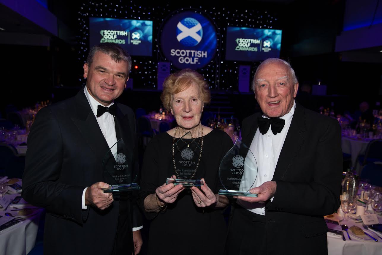 Jock MacVicar with 1999 Open Champion and legendary Scottish women's amateur Belle Roberston who were honoured at the 2017 Scottish Golf awards annual dinner. (Photo - Kenny Smith, Kenny Smith Photography Tel 07809 450119)