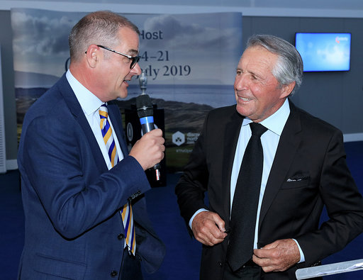 PORTRUSH, NORTHERN IRELAND - JULY 16: Gary Player of South Africa is interviewed by the master of ceremonies Iain Carter of BBC Radio 5 Live during the Association of Golf Writers Annual Dinner and Awards at Royal Portrush Golf Club on July 16, 2019 in Portrush, Northern Ireland. (Photo by David Cannon/Getty Images)